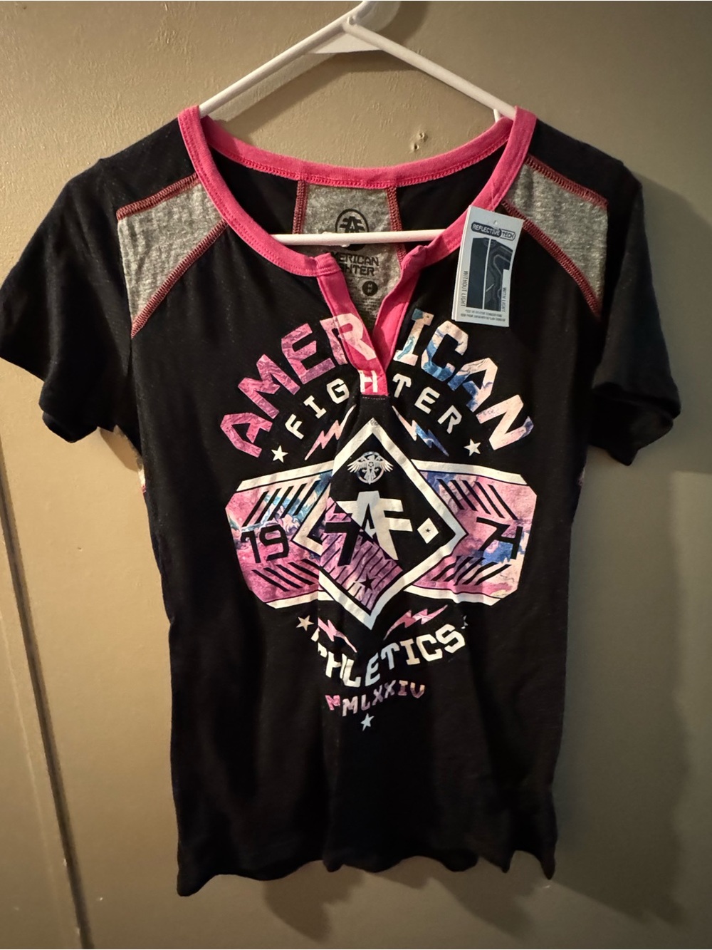 American Fighter Black Tee with Pink Trim & Multicolor Graphic